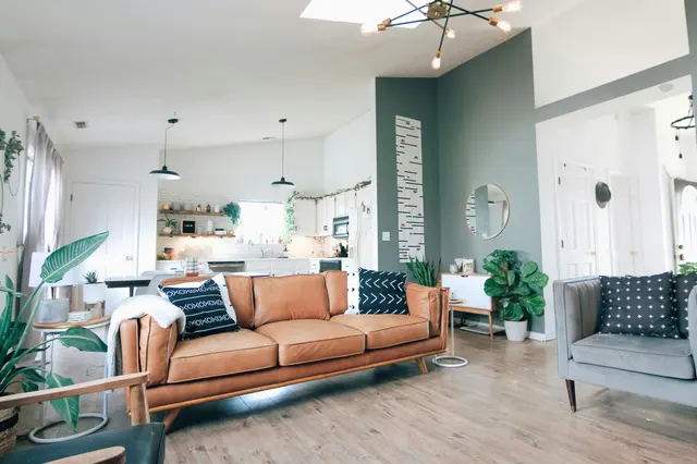Completed living room with a leather sofa